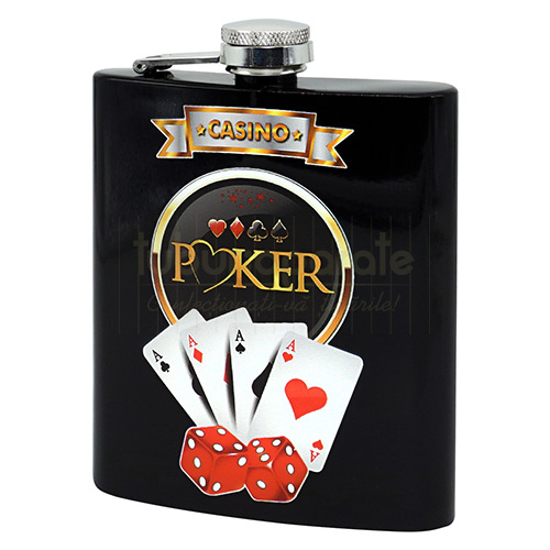 Plosca inox pentru bauturi alcoolice cu capacitatea de 210 ml si exterior negru (print poker casino) DM 52